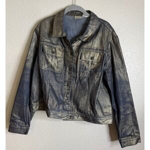 Newport News Jeanology Womens 18 Denim Jacket Gold Blue Metallic Preppy Club